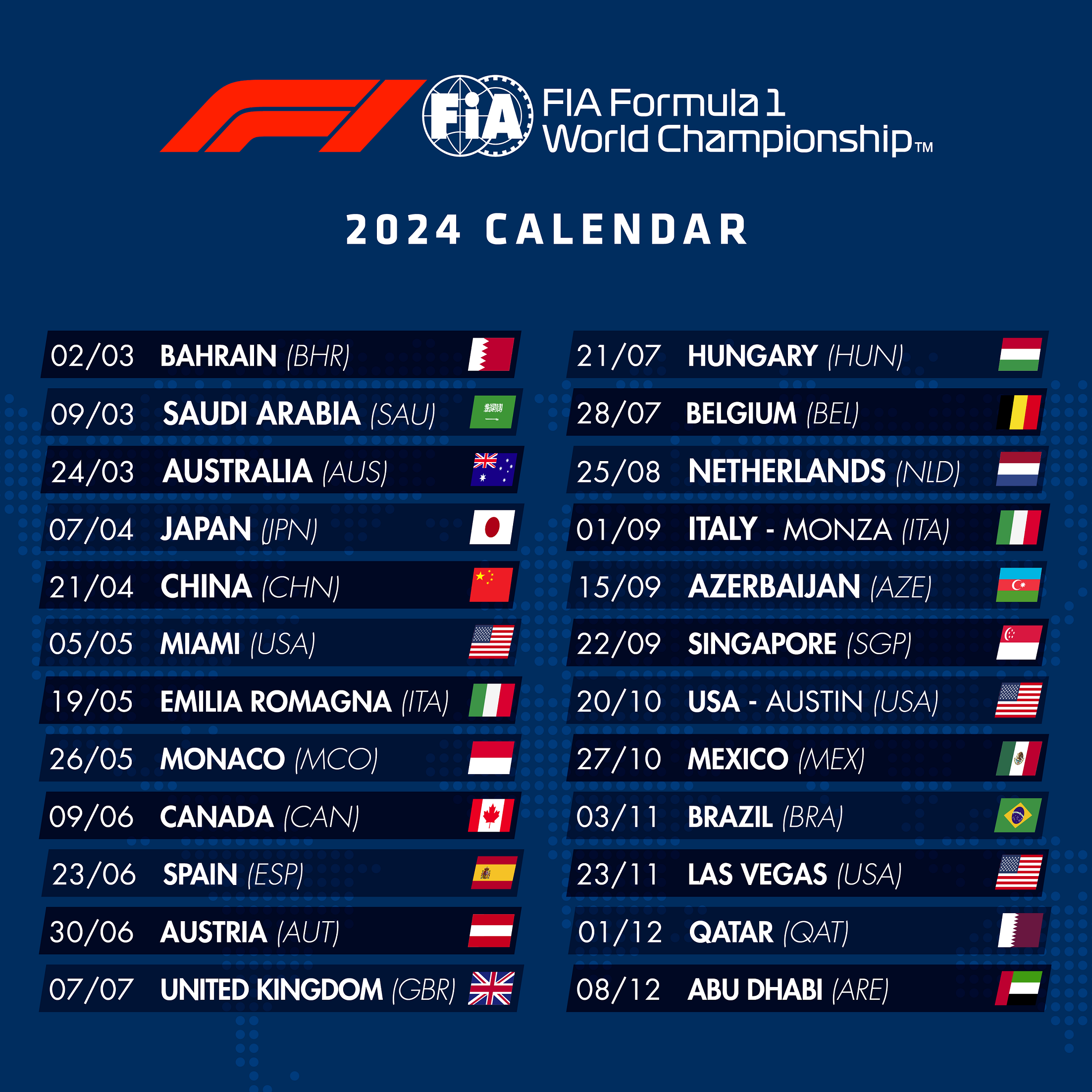 Formula 1 2024 schedule released